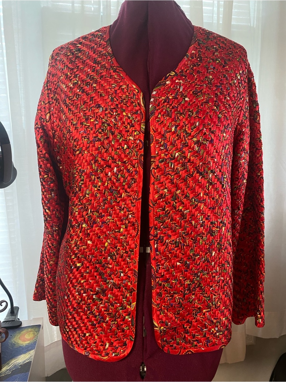 Chico's Design Women's Moroccan Silk Cupid Red Basket Woven Open Jacket Size 2/